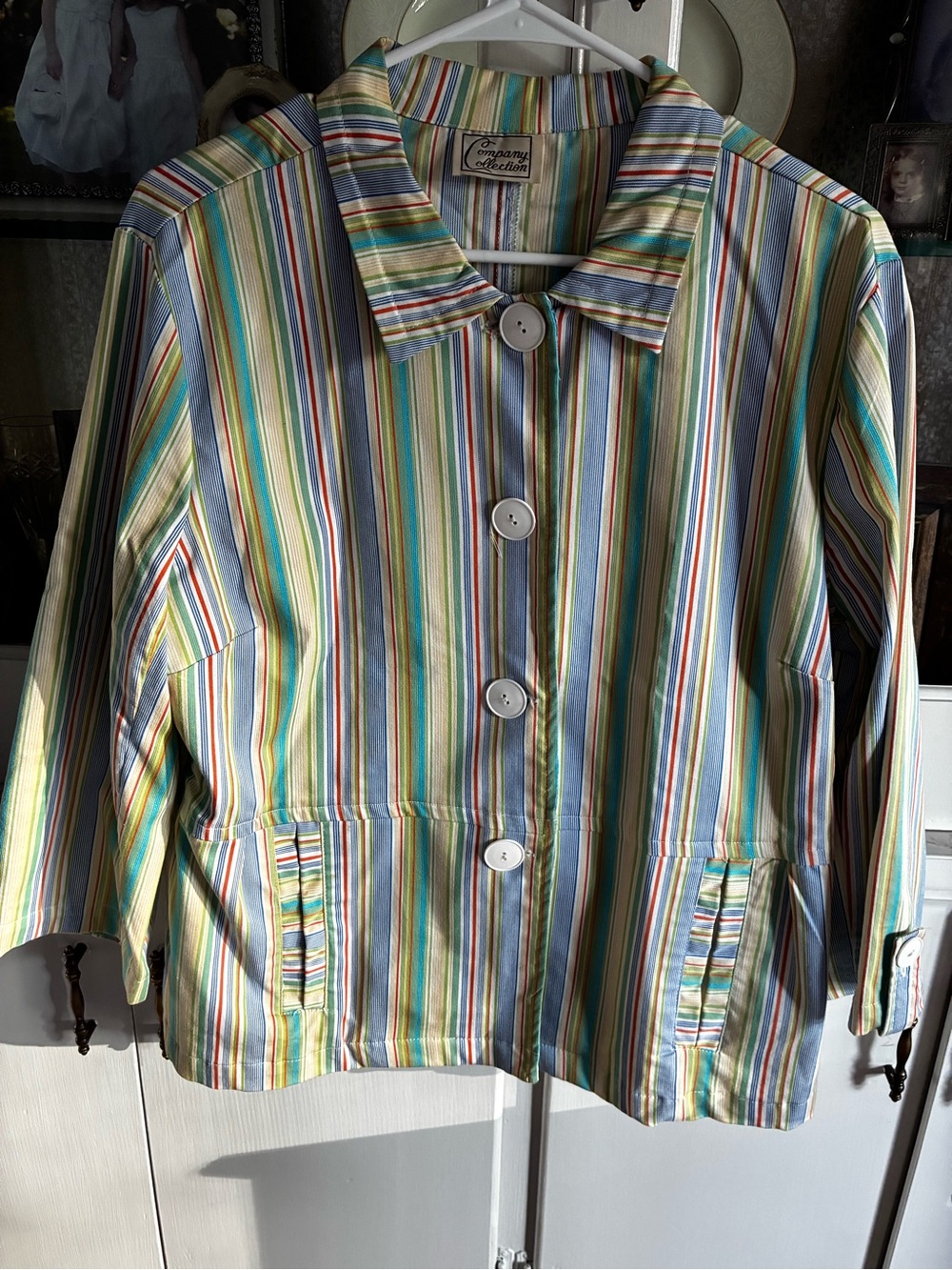 VTG Company Collection Multistripe Button-Front Jacket in Blue, Green & Yellow